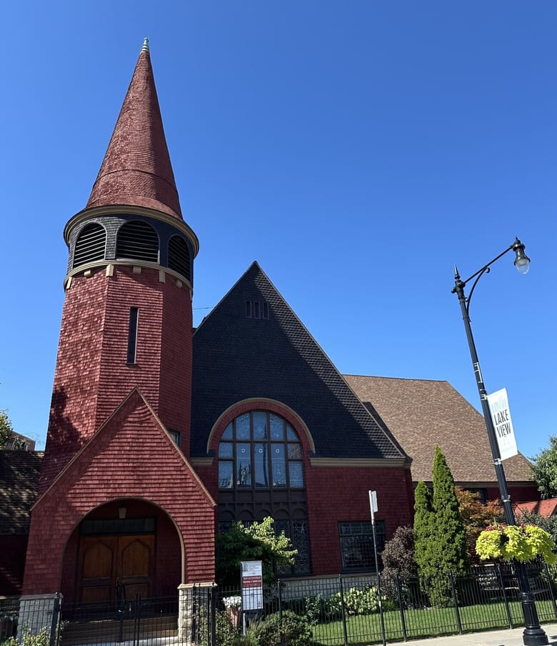 A red church with a 