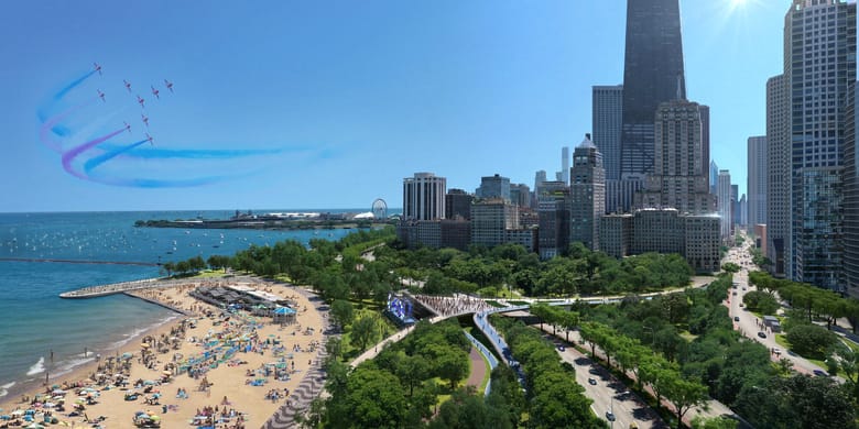 aerial photo of beach next to city skyline